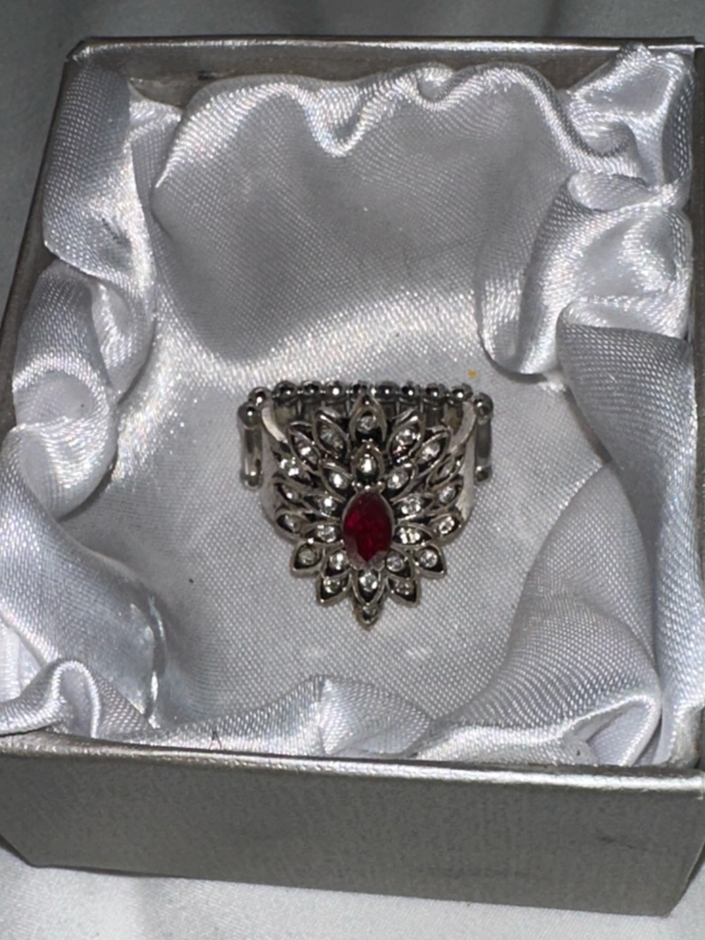 Silver Floral Ring with Red Marquise Stone stretchy ring